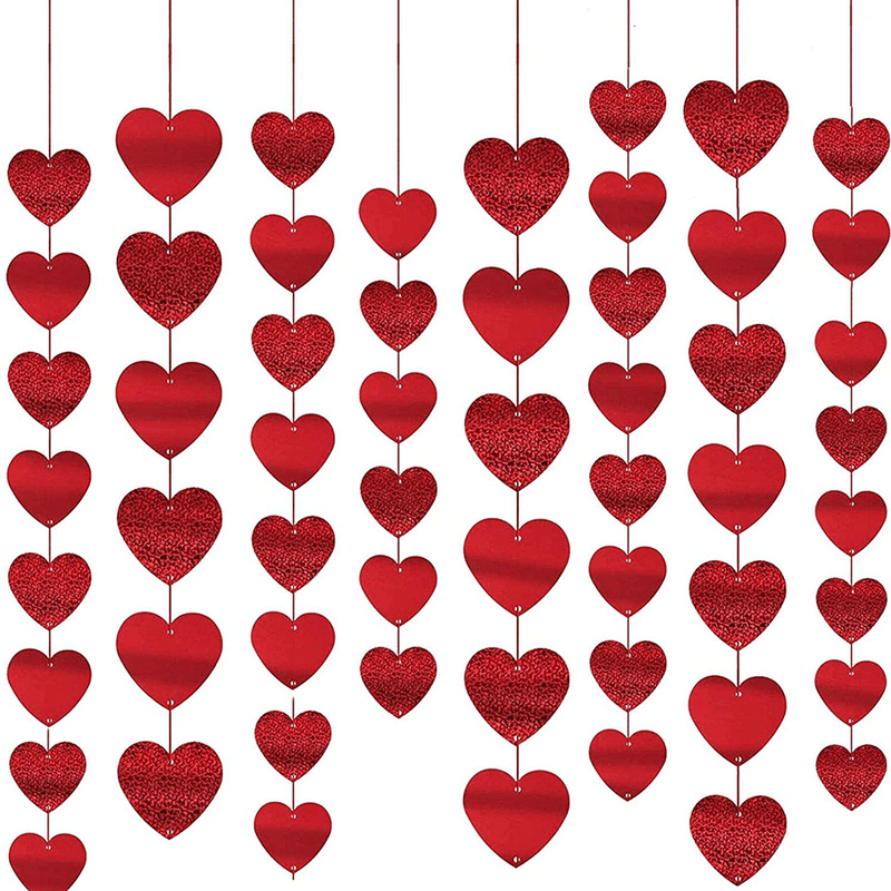 15 Pcs Heart Shape Hanging String Garland Kids Party Decor Valentine'S Day Decorations (Each 6.6Ft) DIY Glittery Background Decoration for Wedding Birthday Home Festival Supplies (Total 90 Hearts)