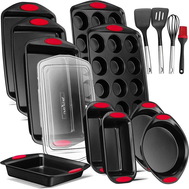 15-Piece Baking Pan Set - PFOA, PFOS, PTFE Free Flexible Nonstick Black Coating Carbon Steel Bakeware - Professional Home Kitchen Bake Cookie Sheet Stackable Tray W/ Red Silicone Handles