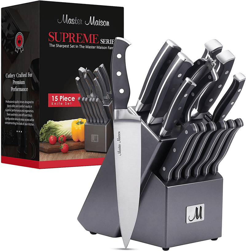 15-Piece Premium Kitchen Knife Set With Wooden Block | Master Maison German Stainless Steel Cutlery With Knife Sharpener & 6 Steak Knives (Black) Home & Garden > Kitchen & Dining > Tableware > Flatware > Flatware Sets Master Maison Gray  