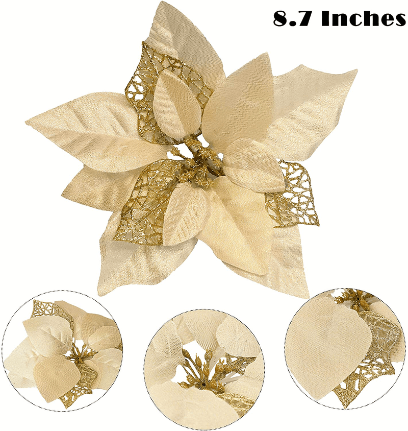 15 Pieces Christmas Glitter Artificial Poinsettia Flowers Artificial Wedding Flowers Decorations Xmas Tree Ornaments with Clips (Gold)