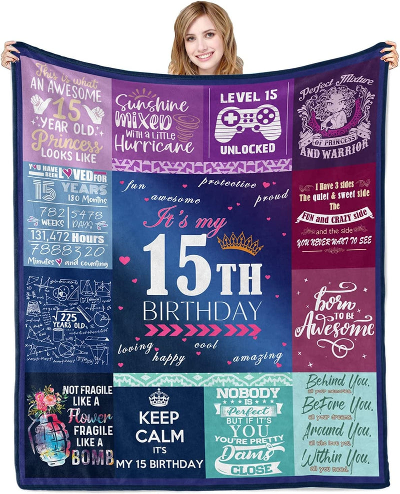 15 Year Old Birthday Gifts for Girls Blanket, Gifts for 15 Year Old Girls Quinceanera Gifts, 15Th Birthday Decorations for Girls Teenage, 15TH Birthday Gifts for Girls Flannel Throw Blankets 60X50In Home & Garden > Decor > Seasonal & Holiday Decorations lemzcen 15  