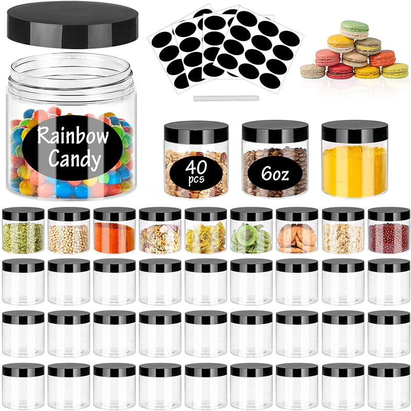 Plastic Jar with Lids 16Oz Clear Empty Containers 16Pcs Straight Cylinders Storage Jars with Airtight Black Lid Stackable Refillable round Plastic Jars for Kitchen Food & Home Storage Home & Garden > Decor > Decorative Jars SLifeJars 6OZ 40Pack  