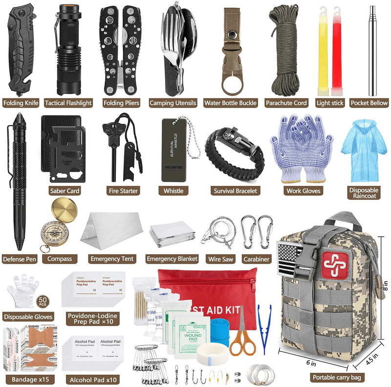 152Pcs Emergency Survival Kit and First Aid Kit, Professional Survival Gear Tool with Tactical Molle Pouch and Emergency Tent for Earthquake, Outdoor Adventure, Camping, Hiking, Hunting Sporting Goods > Outdoor Recreation > Camping & Hiking > Camping Tools Taimasi   