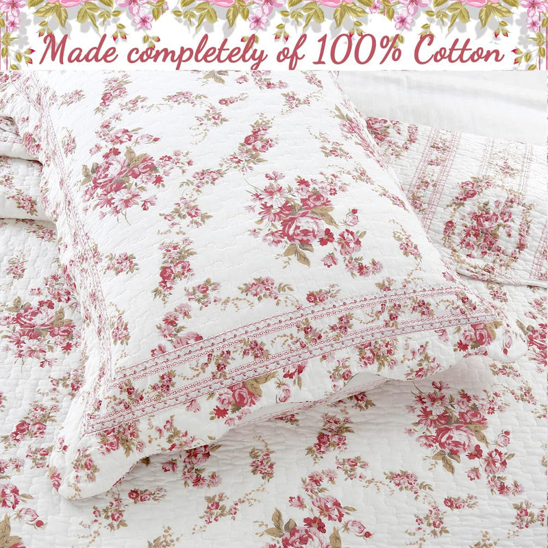 Cozy Line Home Fashions Pink Red Floral 100% Cotton Reversible Quilt Bedding Set, Coverlet Bedspread (Fuchsia Flowers, King - 3 Piece)