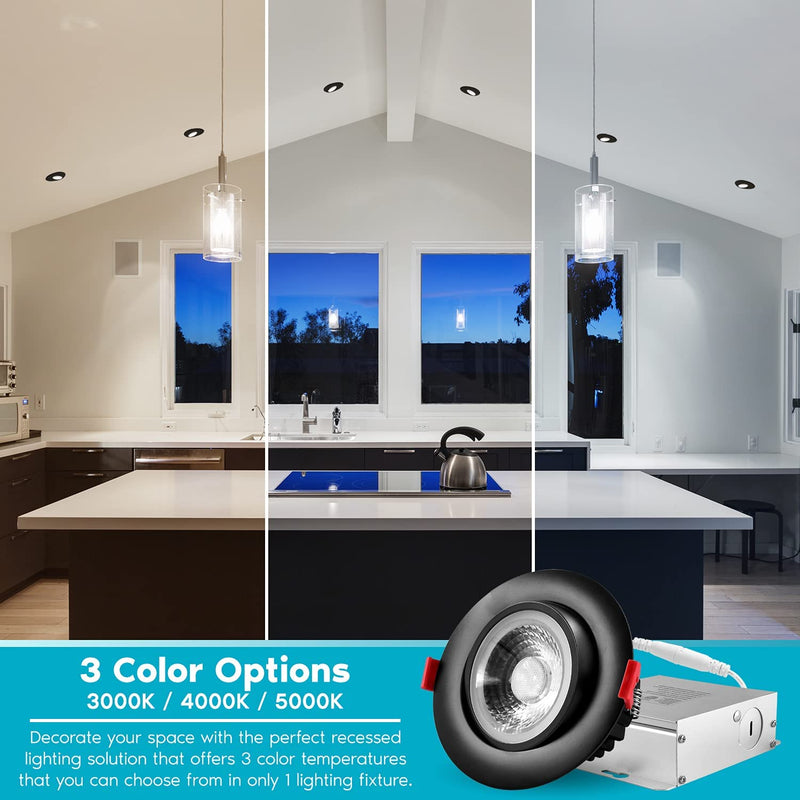 Luxrite 4 Pack 4 Inch Adjustable Gimbal Eyeball LED Recessed Lighting Kit, 3 Color Options 3000K | 4000K | 5000K, 11W=75W, 1000 Lumens, Dimmable Canless LED Downlight, IC Rated, Damp Rated - Black Home & Garden > Lighting > Flood & Spot Lights Luxrite   