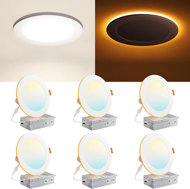 Amico 6 Pack 6 Inch 5CCT Ultra-Thin LED Recessed Ceiling Light with Junction Box, 2700K/3000K/3500K/4000K/5000K Selectable, 12W Eqv 110W, Dimmable Can-Killer Downlight, 1050LM High Brightness - ETL Home & Garden > Lighting > Flood & Spot Lights Amico Night light 6 Inch 