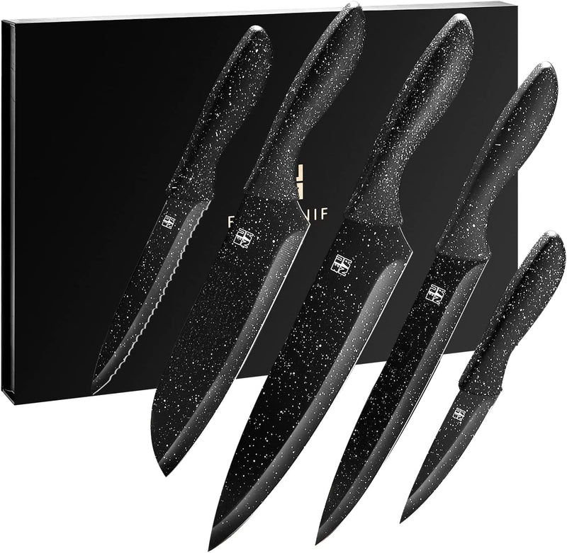 EUNA 5 PCS Knife Chef Set Ultra Sharp, Japanese Knives of Stainless Steel for Multipurpose Cooking, Kitchen Knives Professional with Gift Box, Integrated Design with Non-Stick Coating Sliver Home & Garden > Kitchen & Dining > Kitchen Tools & Utensils > Kitchen Knives EUNA Black  