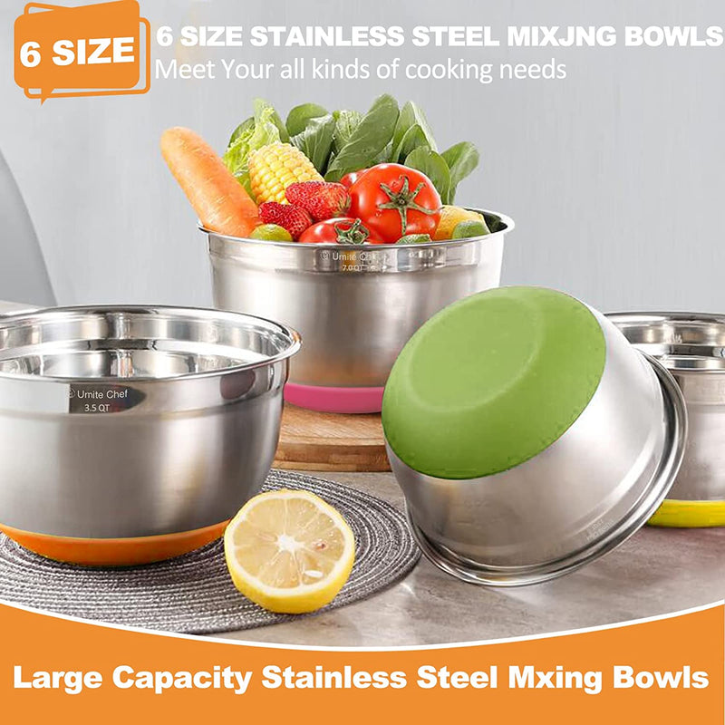 Mixing Bowls with Airtight Lids, 6 Piece Stainless Steel Metal Bowls by Umite Chef, Measurement Marks & Colorful Non-Slip Bottoms Size 7, 3.5, 2.5, 2.0,1.5, 1QT, Great for Mixing & Serving Home & Garden > Kitchen & Dining > Cookware & Bakeware Umite Chef   