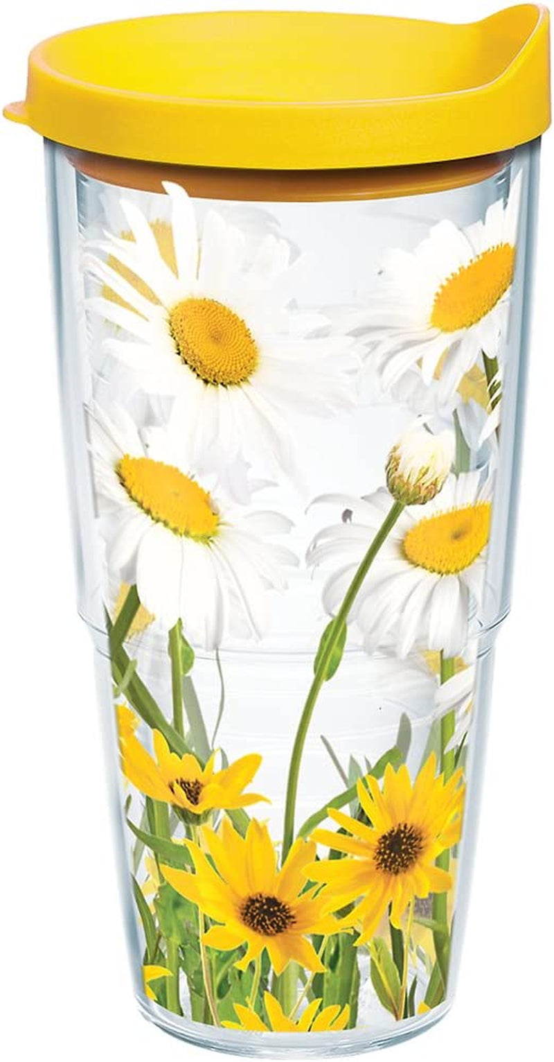 Tervis White Daisies Tumbler with Wrap and Yellow Lid 24Oz, Clear