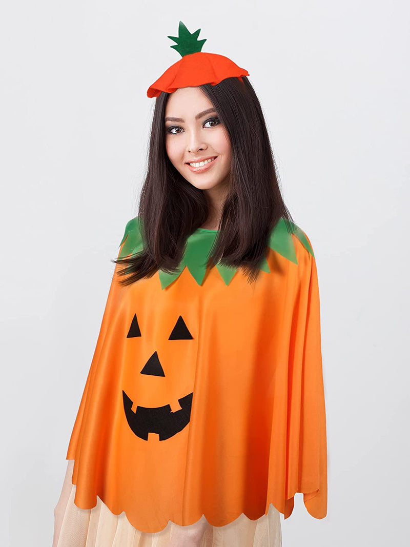 Geyoga Adult Halloween Pumpkin Costume Set Pumpkin Cloak Poncho with Candy Bag Hat Pumpkin Handbag Funny Headband  Geyoga   