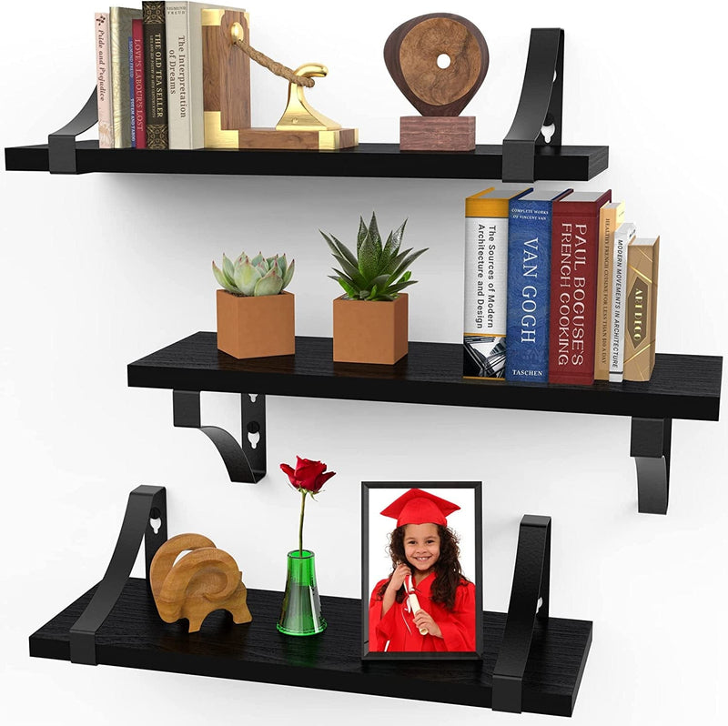 16 Inch Wall Shelves, Set of 3 Black Modern Rustic Display Shelves, Wall Mount Picture Ledges W/ Brackets by Icona Bay Furniture > Shelving > Wall Shelves & Ledges Icona Bay Black 16" 