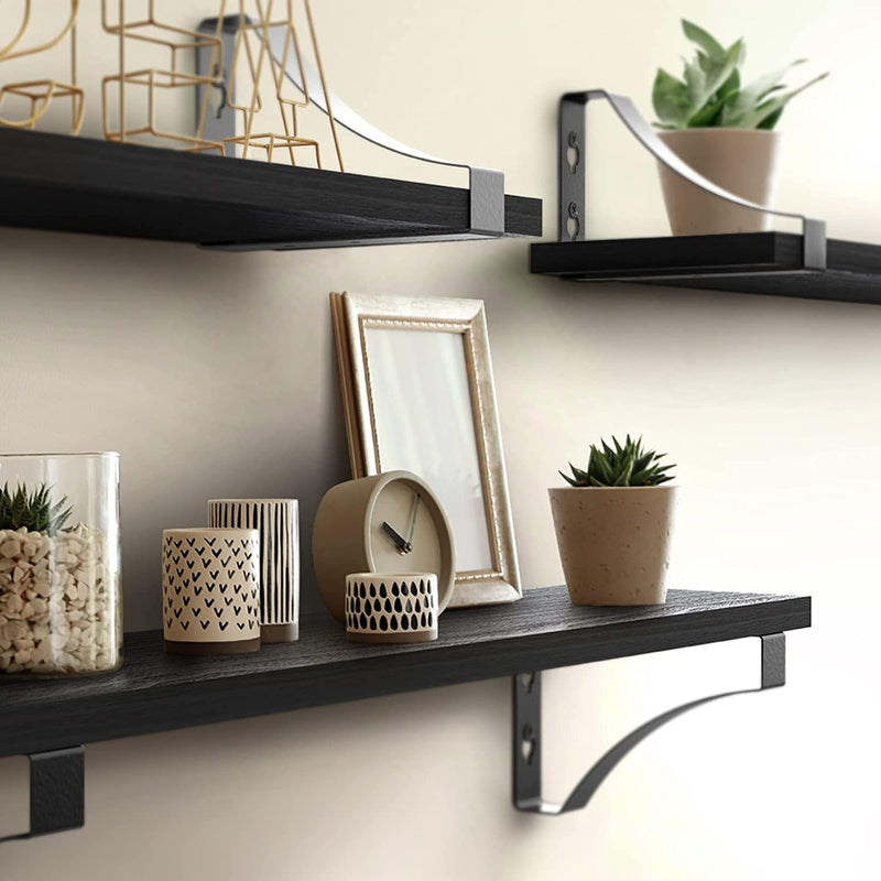 16 Inch Wall Shelves, Set of 3 Black Modern Rustic Display Shelves, Wall Mount Picture Ledges W/ Brackets by Icona Bay Furniture > Shelving > Wall Shelves & Ledges Icona Bay   