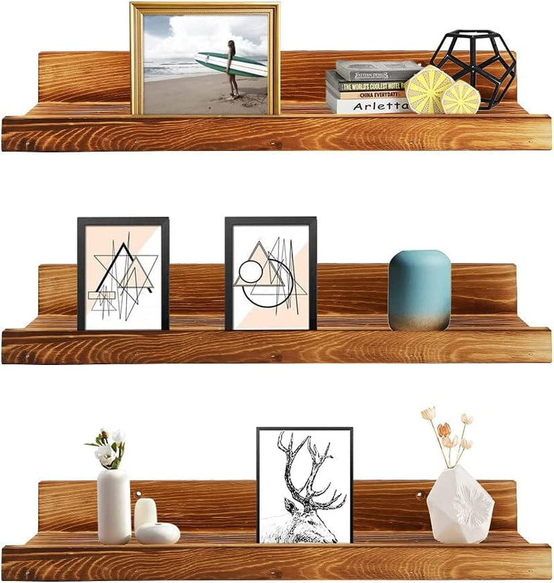 16 Inch Wooden Floating Wall Shelf Pictures Frame Photo Ledge Nursery Book Shelves Small Toys Collection Shelf Organizer Wall Shelf for Makeup Plants Home Wall Décor Office Home 1 Pack Retro Black Furniture > Shelving > Wall Shelves & Ledges Bobetter Wooden Fire Color 24 inch,Set of 3 