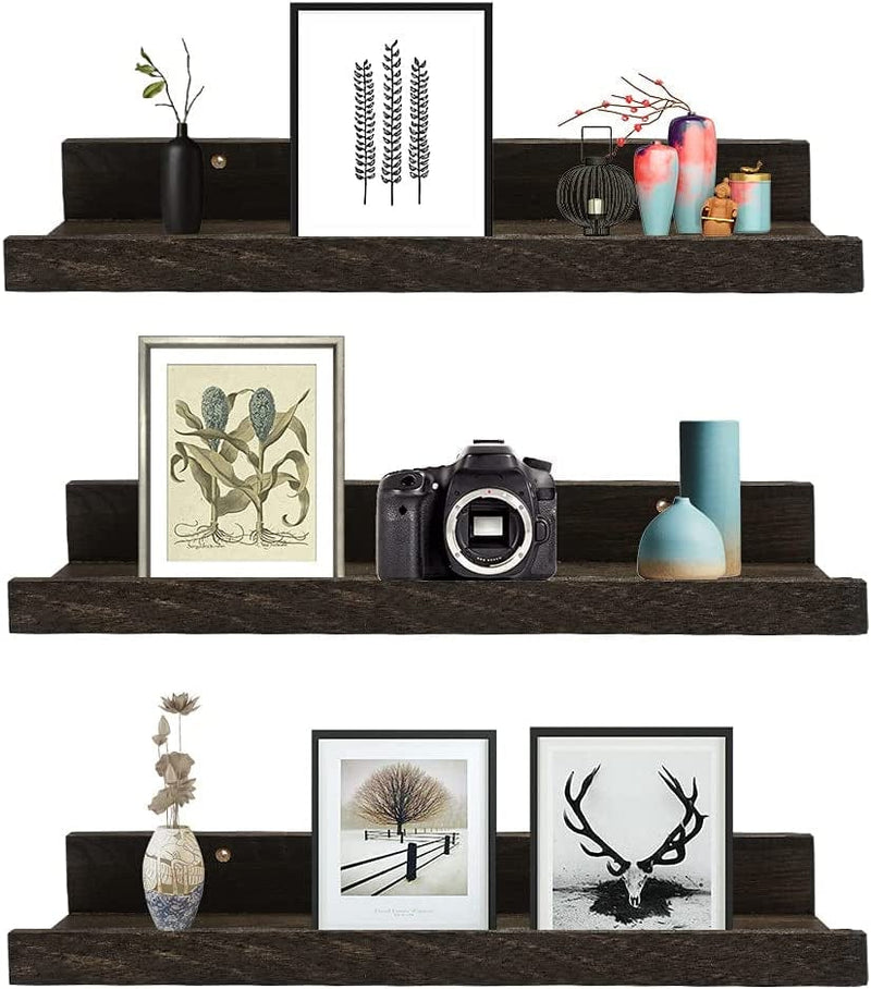 16 Inch Wooden Floating Wall Shelf Pictures Frame Photo Ledge Nursery Book Shelves Small Toys Collection Shelf Organizer Wall Shelf for Makeup Plants Home Wall Décor Office Home 1 Pack Retro Black Furniture > Shelving > Wall Shelves & Ledges Bobetter Wooden Dark Brown 24 inch,Set of 3 