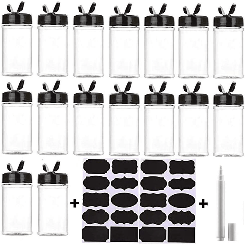 16 Pack 7oz Clear Plastic Spice Jars Storage Container Bottle Containers with Black Cap Perfect for Storing Spice,Herbs and Powders(Provide chalkboard labels,Chalk Marker)