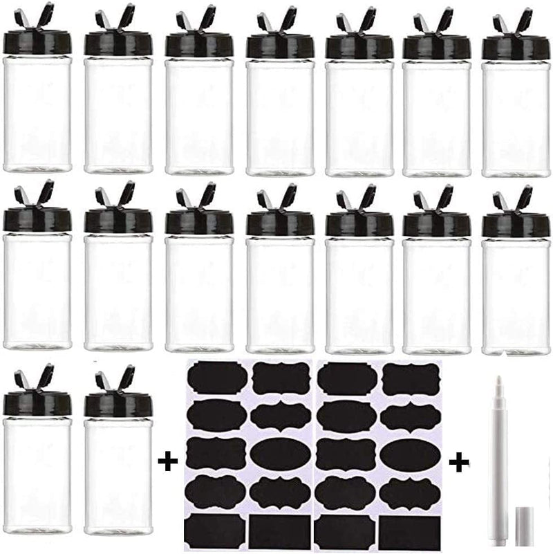 16 Pack 7Oz Clear Plastic Spice Jars Storage Container Bottle Containers with Black Cap Perfect for Storing Spice,Herbs and Powders(Provide Chalkboard Labels,Chalk Marker)