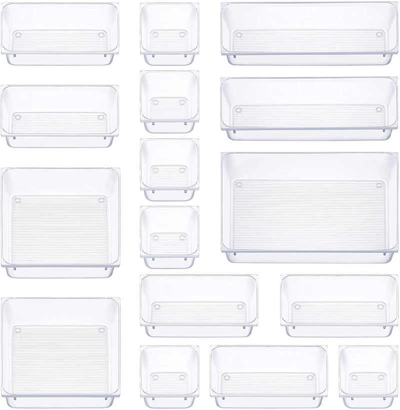 16 Pcs Drawer Organizer Set Dresser Desk Drawer Dividers - 4 Size Bathroom Vanity Cosmetic Makeup Trays - Multipurpose Clear Plastic Storage Bins for Jewelries, Kitchen Gadgets and Office Accessories