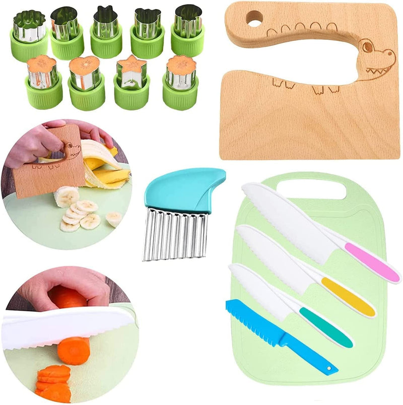 16 Pieces Wooden Kids Kitchen Knife Set for Real Cooking, Kids Safe Knives for Cooking, Crinkle Cutter, Sandwich Cutter Gloves Montessori Kitchen Tools