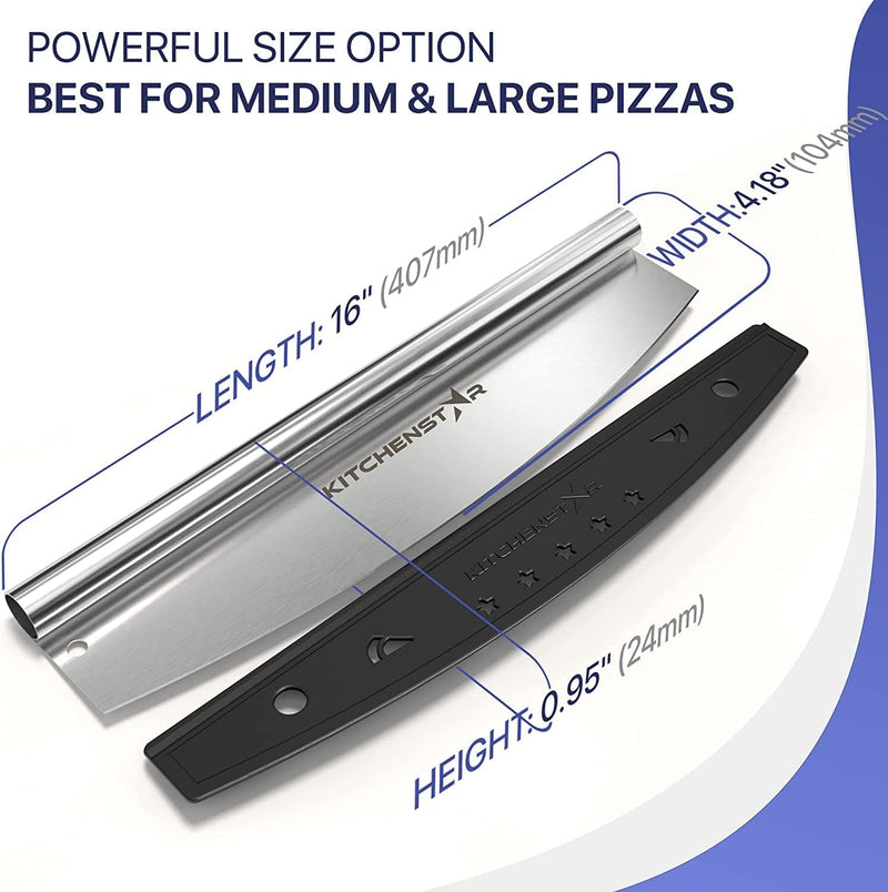 16" Pizza Cutter by Kitchenstar | Sharp Stainless Steel Slicer Knife - Rocker Style W Blade Cover | Chop and Slices Perfect Portions + Dishwasher Safe - Premium Pizza Accessories