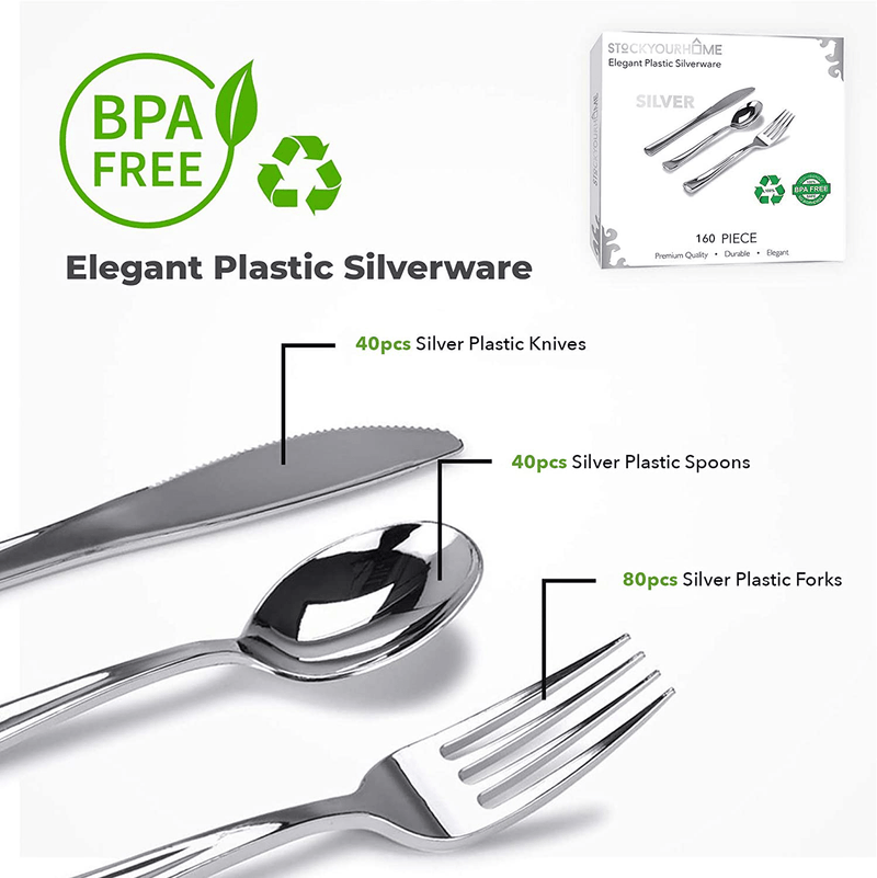 160 Pack Silver Plastic Cutlery Disposable Silverware - 80 Forks, 40 Knives, 40 Spoons - For Catering, Parties, Dinners, Weddings, and Everyday Use Home & Garden > Kitchen & Dining > Tableware > Flatware > Flatware Sets Stock Your Home   