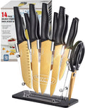 Knife Set-Marco Almond® MA21 Luxury Golden Kitchen Knife Set, Titanium Coated 14 Pieces Stainless Steel Hollow Handle Gold Kitchen Knife Set with Block by White Wash Finish Wood Home & Garden > Kitchen & Dining > Kitchen Tools & Utensils > Kitchen Knives Marco Almond Golden Blade/Clear Block  