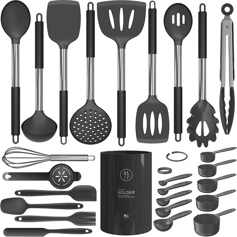 Silicone Cooking Utensils Set - Heat Resistant Kitchen Utensils,Turner Tongs,Spatula,Spoon,Brush,Whisk,Stainless Steel Khaki Silicone Cooking Tool for Nonstick Cookware,Dishwasher Safe (Large) Home & Garden > Kitchen & Dining > Kitchen Tools & Utensils oannao Gray  