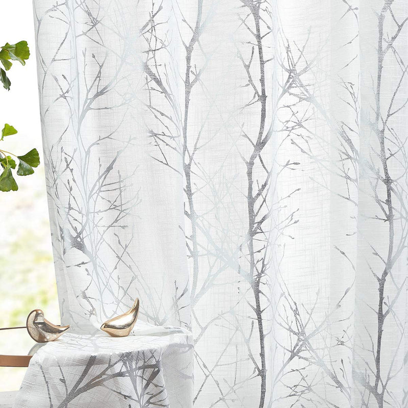 FMFUNCTEX Branch White Curtains 84” for Living Room Grey and Auqa Bluetree Branches Print Curtain Set Wrinkle Free Thick Linen Textured Semi-Sheer Window Drapes for Bedroom Grommet Top, 2 Panels Home & Garden > Decor > Window Treatments > Curtains & Drapes FMFUNCTEX Semi-sheer: White + Foil Silver 50" x 45" 