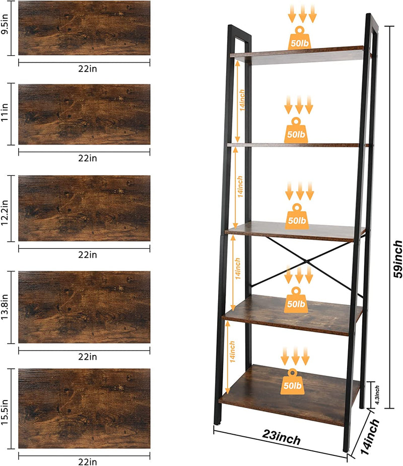 ECOMEX 5-Tier Ladder Shelf Industrial Bookshelf, Ladder Bookshelf Open Storage Rack Wood Bookcase with Metal Frame, Freestanding Storage Shelves for Home Office, Bedroom (Rustic Brown) Home & Garden > Household Supplies > Storage & Organization ECOMEX   