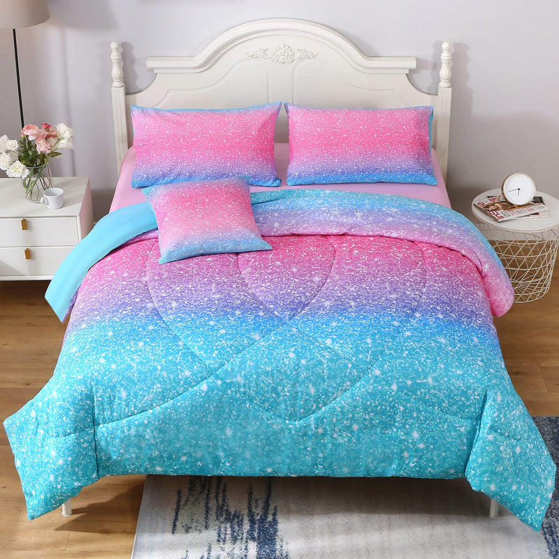 Jqinhome Twin Glitter Comforter Sets for Girls , 3D Colorful Duvet Pink Rainbow Themed Bedding, All-Season Reversible Quilted Duvet, for Girls Teen Women - Includes 1 Comforter, 1 Pillowcase Home & Garden > Linens & Bedding > Bedding JQinHome Pink Blue Twin(5pc) 