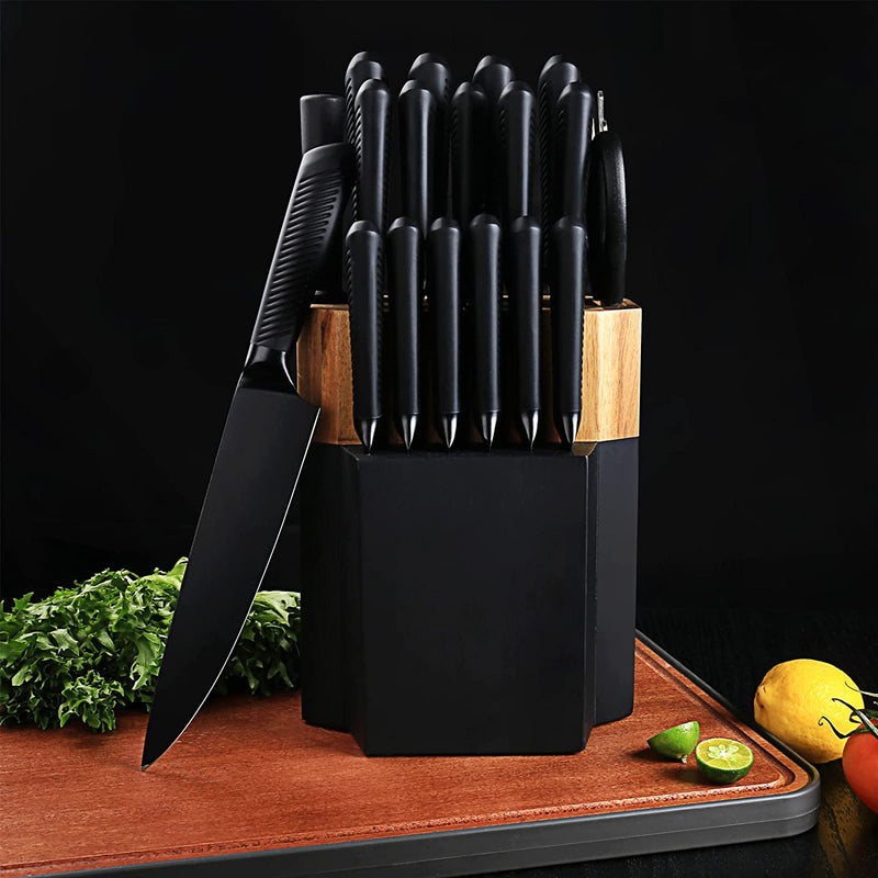 Kitchen Knife Set, 18-Pieces Chef Knife Set with Block, Elegant Black Knife Set, German Stainless Steel Knife Block Set, Not Easy to Rust, Easy to Clean