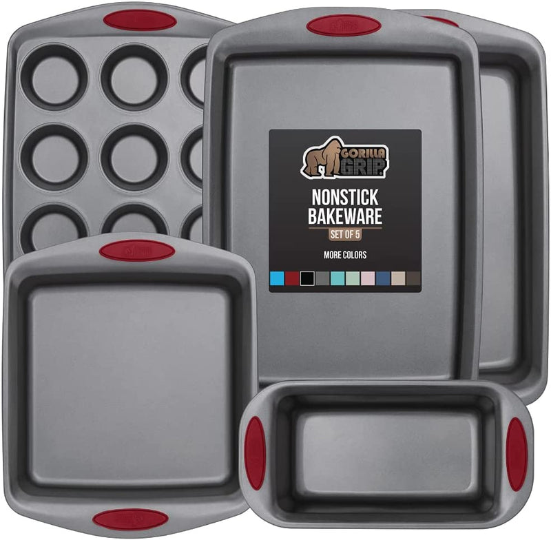 Gorilla Grip Nonstick, Heavy Duty, Carbon Steel Bakeware Sets, 4 Piece Kitchen Baking Set, Rust Resistant, Silicone Handles, 2 Large Cookie Sheets, 1 Roasting Pan and 1 Bread Loaf Pan, Turquoise Home & Garden > Kitchen & Dining > Cookware & Bakeware Hills Point Industries, LLC Red Bakeware Sets Set of 5
