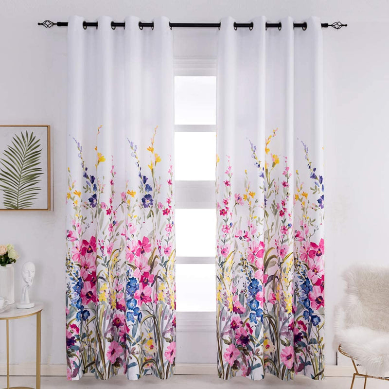 Kotile Room Darkening Curtains for Bedroom - White Curtains with Floral Printed Thermal Insulated Curtains Grommet Top Window Curtains 84 Inch Length for Living Room, 52 X 84 Inches, 2 Panels, Yellow Home & Garden > Decor > Window Treatments > Curtains & Drapes Kotile Textile *Red Pink Floral 52"x95" 