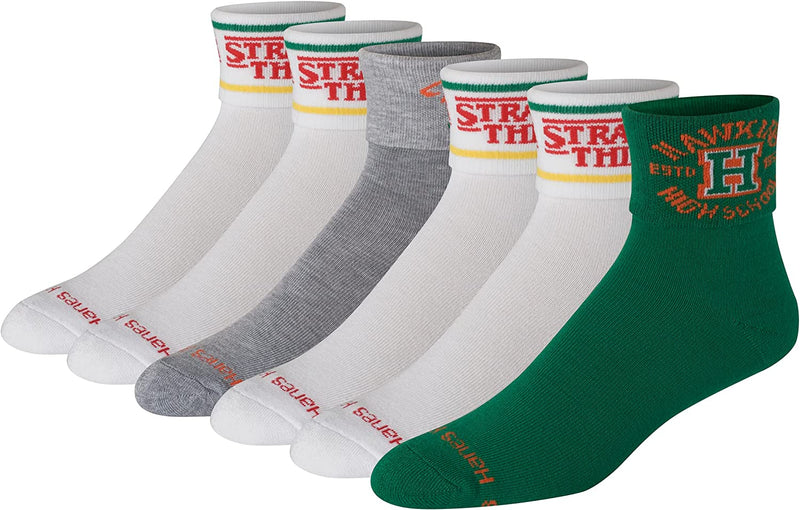 Hanes Unisex Stranger Things Socks Pack, Unisex Ankle Socks with Fold-Over Cuffs Sporting Goods > Outdoor Recreation > Winter Sports & Activities Hanes Hawkins High Green/White/Grey Assorted Large 