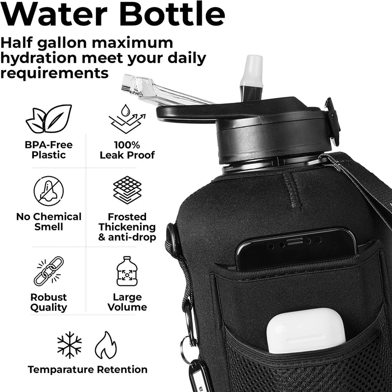 Half Gallon 2.2L Sports Water Bottle with Straw and Built in Wallet 74Oz Large Gym Drink Container, Storage Sleeve, Bottle Brush, Phone Pocket - BPA Free Big Jug, Carry Handle Aesthetic Look - Black Sporting Goods > Outdoor Recreation > Winter Sports & Activities Shazo Kitchen   