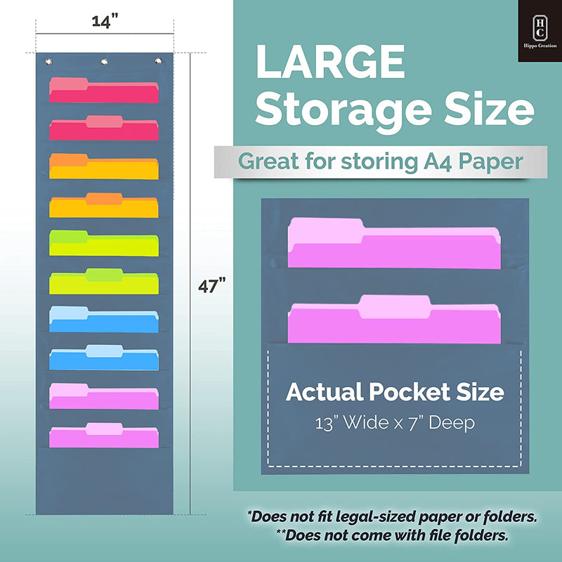 Heavy Duty Storage Pocket Chart for Classroom and Office, 10 Pockets, 3 over Door Hangers Included, Hanging Wall File Organizer for File Folders, School Mailbox, Home/Office Papers & More (Blue) Home & Garden > Household Supplies > Storage & Organization Hippo Creation   