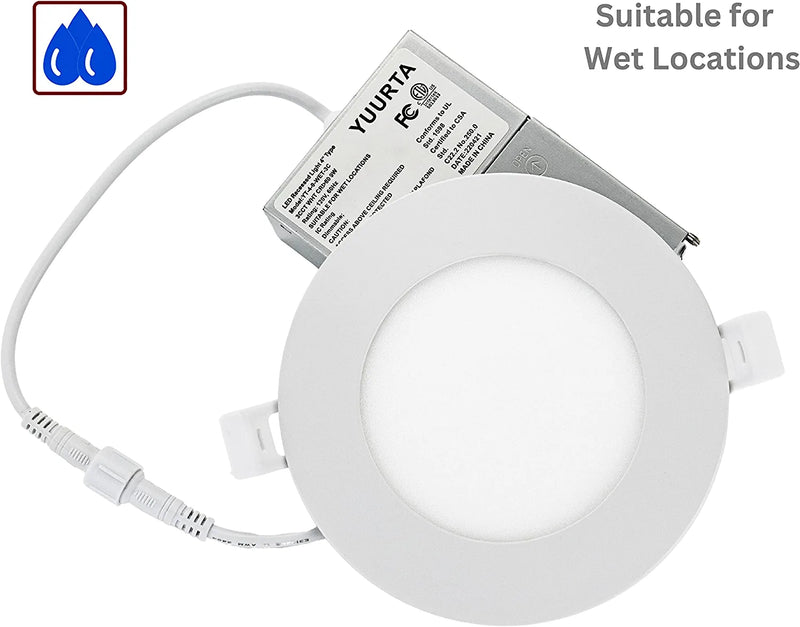 YUURTA (6-Pack 4-Inch 9W Wet Rated Color Selectable 3000K/4000K/5000K Recessed LED Downlight (Canless Pot Light) 120V 750Lm Dimmable Ultra Slim Light Panel ETL Listed IC Rated (White, Wet Rated)