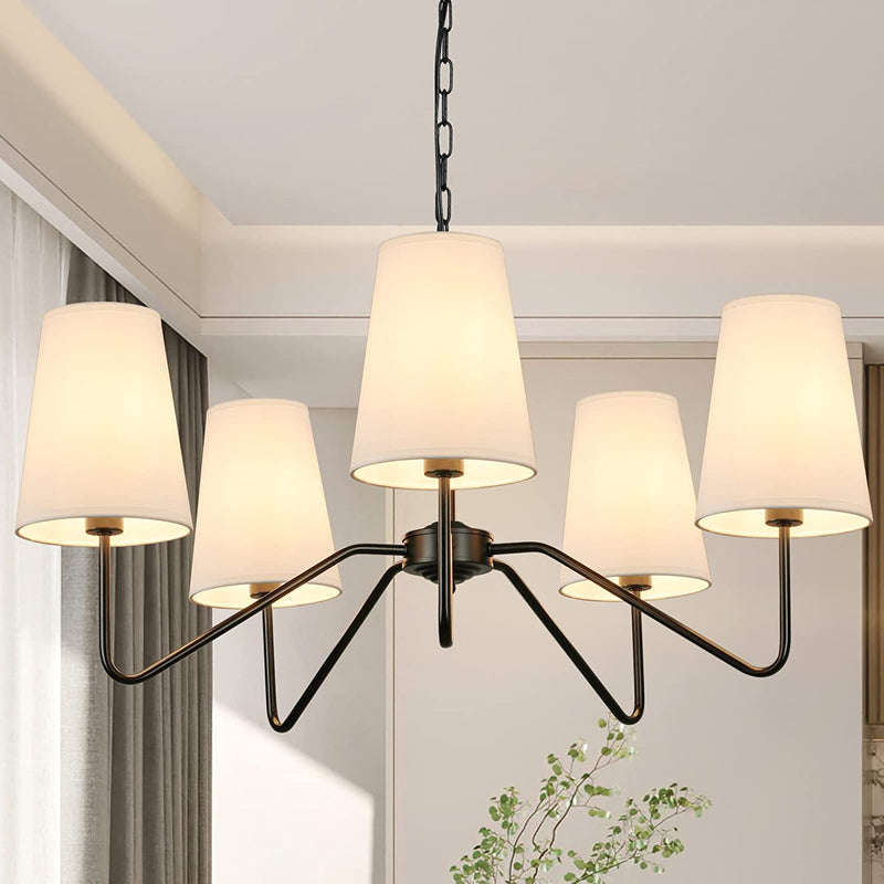 5-Light Modern Chandelier with White Shades, Classic Pendant Ceiling Light Fixture for Dining Room, 30” Black Chandelier with E12 Base Hanging Lamp for Living Room Hallway Bedroom, Height Adjustable Home & Garden > Lighting > Lighting Fixtures > Chandeliers Bosceos Black  