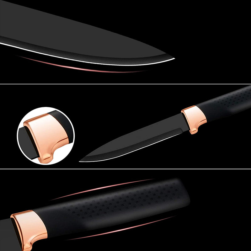 Elabo 5 Piece Black Kitchen Knife Set with Stand - Stainless Steel Non-Stick Coating Knives, Rose Gold Handle Home & Garden > Kitchen & Dining > Kitchen Tools & Utensils > Kitchen Knives elabo   