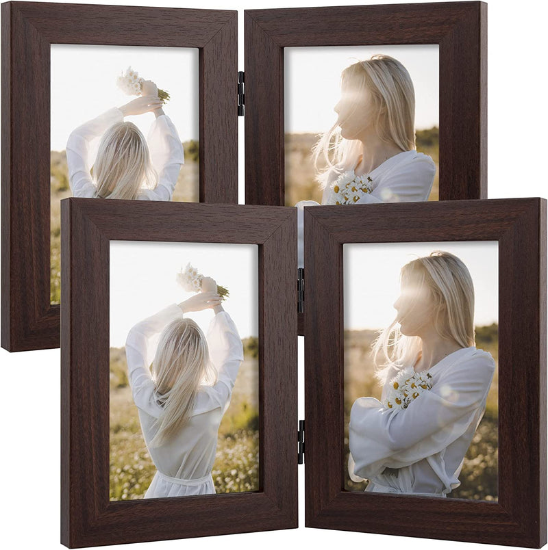 Frametory, 5X7 Hinged Picture Frame Displays 2 Photos, Double Frames with Glass, Side by Side Stands Vertically on Tabletop (Black) Home & Garden > Decor > Picture Frames Frametory Brown 4x6 (2-Pack) 