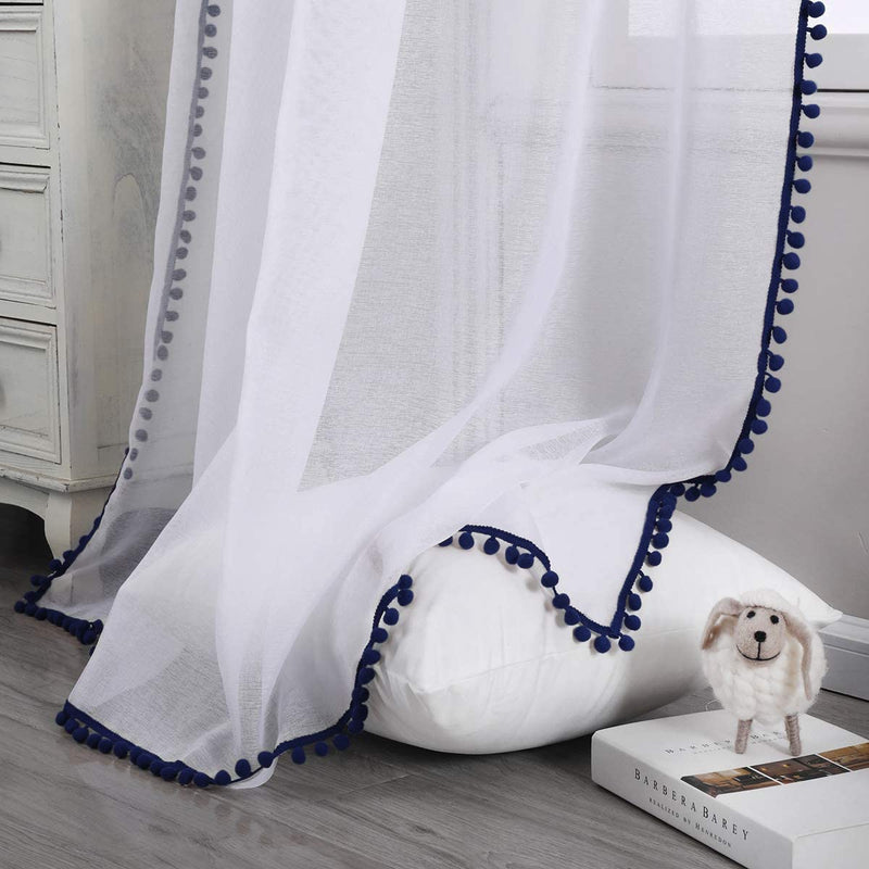 SPXTEX White Sheer Curtains 96 Inches Long Navy Pom Poms Curtains for Bedroom Light Filtering Long Semi Sheer Curtains for Living Room Farmhouse Window Treatment Curtains 2 Panels 38 X 96 Length Home & Garden > Decor > Window Treatments > Curtains & Drapes SPXTEX   