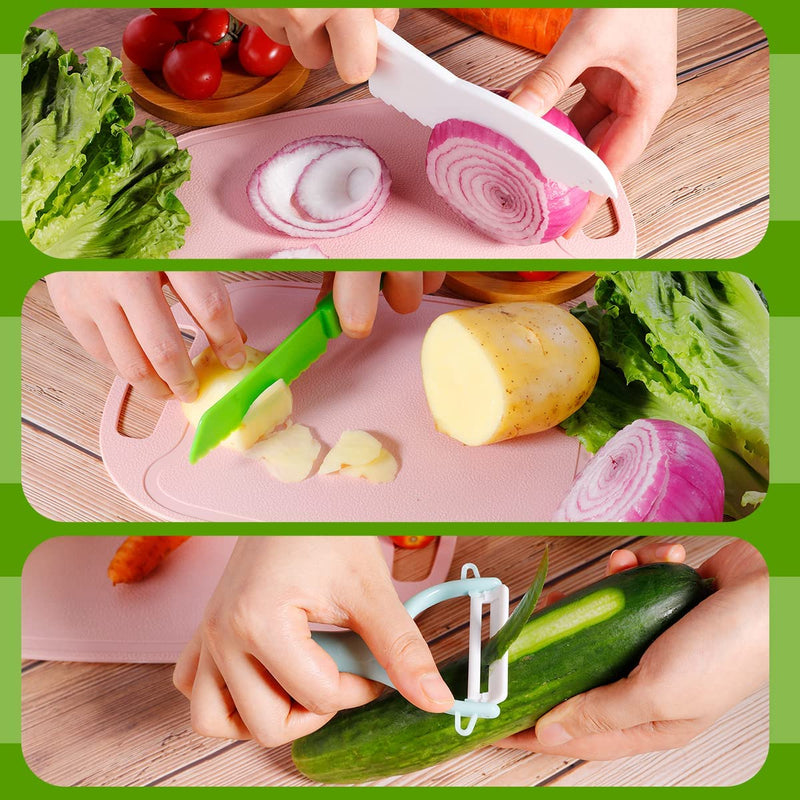 Kids Knife Set, 8Pcs Kid Safe Knives Include Wooden Kids Knife Serrated Edges Plastic Toddler Knives Crinkle Cutter Potato Slicers Cutting Board for Kitchen Children Real Cooking Tools