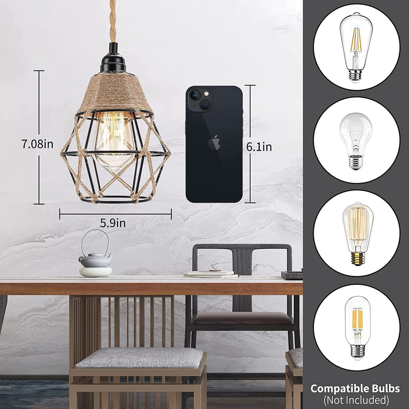 Industrial Plug in Pendant Light - 16.4Ft Hanging Lights with Plug in Cord Hemp Rope Hanging Lamp Farmhouse Hanging Light Fixtures with On/Off Switch for Kitchen Island Bedroom Living Room