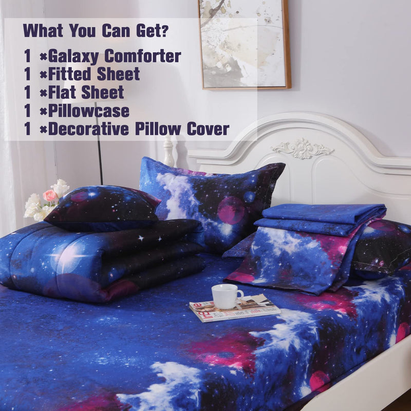 Jqinhome Twin Galaxy Comforter Sets 5 Piece Bed in a Bag, Outer Space Themed Bedding for Children Boy Girl Teen Kids - (1 Comforter, 1 Flat Sheet, 1 Fitted Sheet, 1 Pillowsham, 1 Cushion Cover) Home & Garden > Linens & Bedding > Bedding JQinHome   