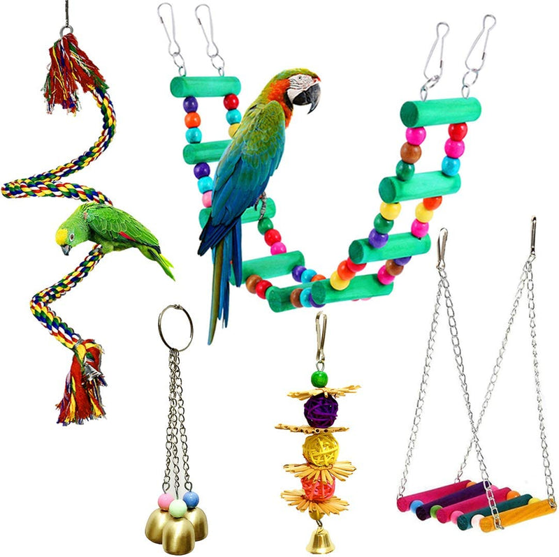 5 Pcs Bird Perches Cage Toys Hanging Bell Swing Chewing Toys Wooden Ladder Hammock for Small and Medium Parrot Birds, Cockatiels, Conures, Macaws, Finches Animals & Pet Supplies > Pet Supplies > Bird Supplies > Bird Toys Antcher   