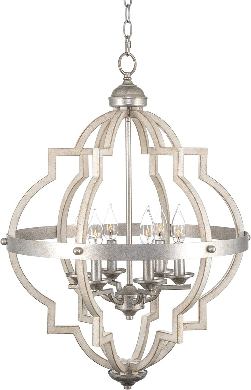 Kira Home Capistrano 28" 6-Light Rustic Farmhouse Chandelier, Wood Style Metal Frame, Textured Black Accents + Walnut Style Finish Home & Garden > Lighting > Lighting Fixtures > Chandeliers Kira Home Galvanized Steel, Antique White  