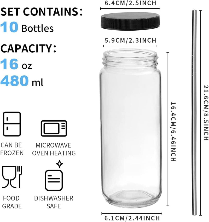 16Oz 10 Pack Juice Bottles, RUCKAE Glass Bottles Juicing Bottles with Lids, Smoothie Cup with Lids and Straws, Glass Water Bottle Mason Jar Drinking Glasses for Juicing, Smoothies, Kombucha Home & Garden > Decor > Decorative Jars Ruckae   