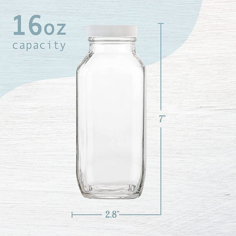 16Oz Square Glass Milk Bottle with Plastic Airtight Lids - Vintage Reusable Dairy Drinking Containers for Milk, Yogurt, Smoothies, Kefir, Kombucha, and Water- Pack of 2 Home & Garden > Decor > Decorative Jars kitchentoolz   