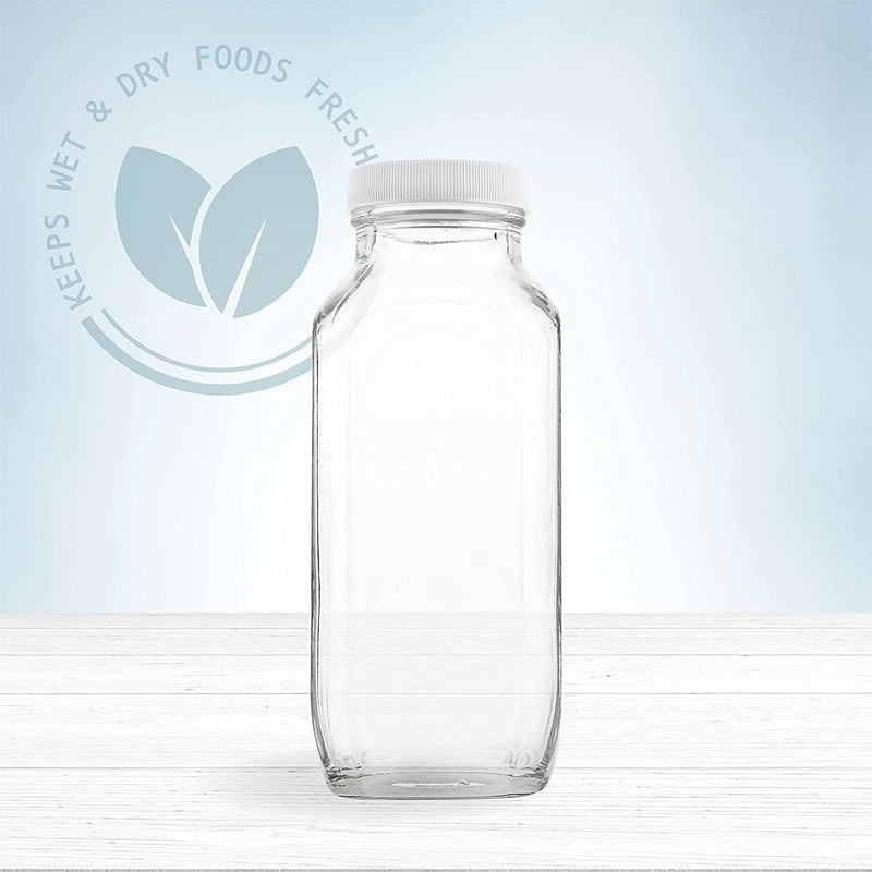16Oz Square Glass Milk Bottle with Plastic Airtight Lids - Vintage Reusable Dairy Drinking Containers for Milk, Yogurt, Smoothies, Kefir, Kombucha, and Water- Pack of 2 Home & Garden > Decor > Decorative Jars kitchentoolz   