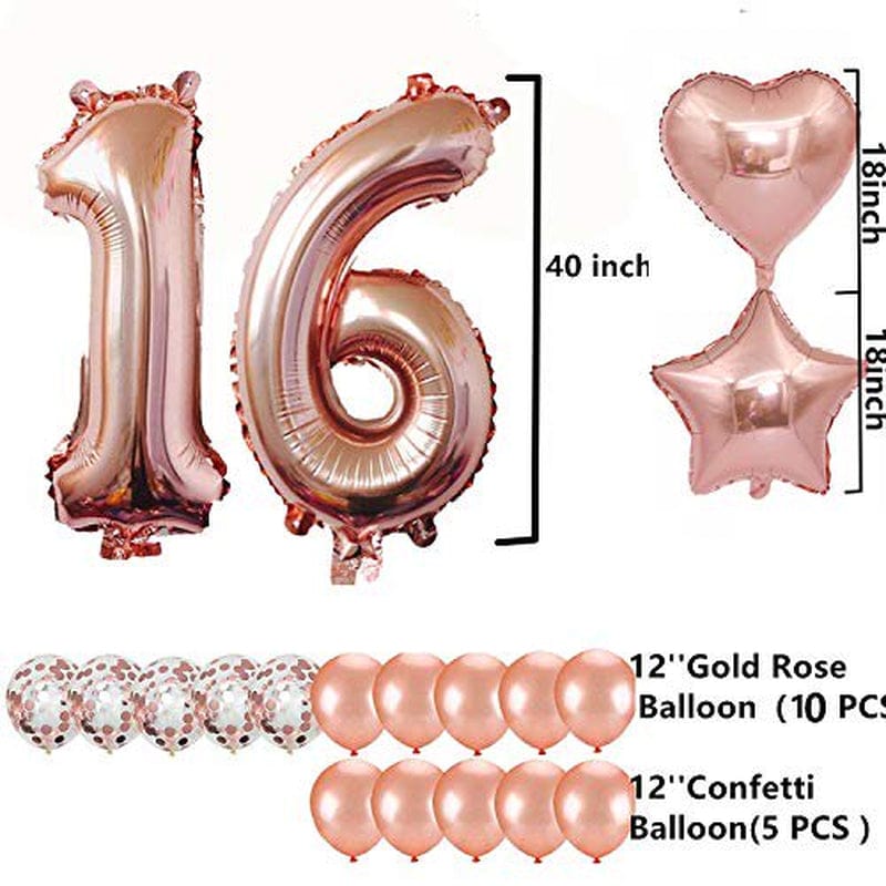 16Th Birthday Decorations Party Supplies, Jumbo Rose Gold Foil Balloons for Birthday Party Supplies,Anniversary Events Decorations and Graduation Decorations Sweet 16 Party,16Th Anniversary