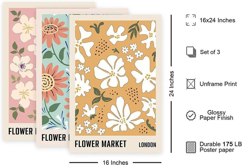 16X24" - Set of 3 Flower Market Posters, Prints for Wall Decor, Boho Floral Wall Art Prints for Room, Aesthetic Contemporary, Colorful Flower Drawing Wall Art, Danish Pastel Posters (No Frame) Home & Garden > Decor > Artwork > Posters, Prints, & Visual Artwork Generic   